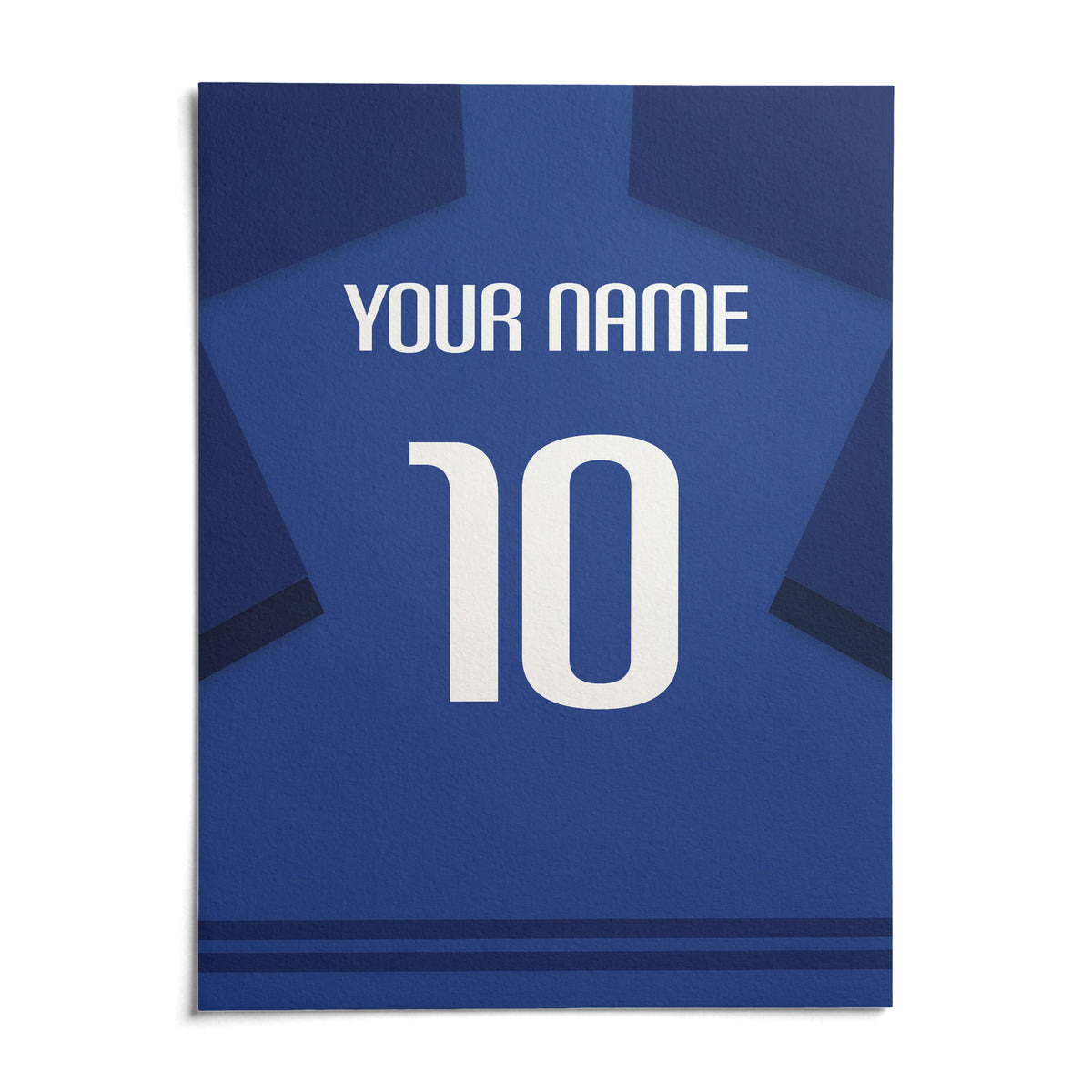 Football Shirt Poster in Blue with Dark Blue Sleeves and White Number, shown as an unframed paper print on a plain white background
