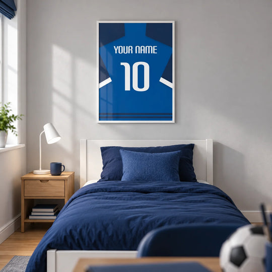 Custom Football Shirt – Blue with Dark Sleeves and White Stripe