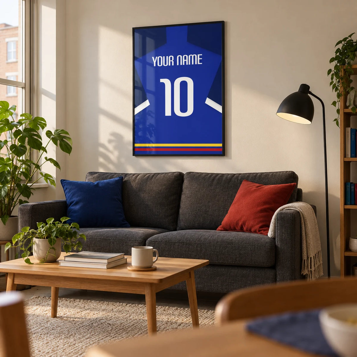 Football Shirt Poster in Blue with White Sleeve Stripe, framed on the wall of a crisp living room in a football fan's first UK flat (22-28) with a warm white wall and oak floor