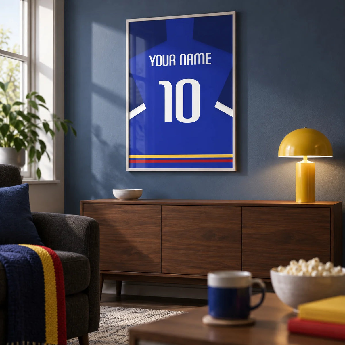 Football Shirt Poster in Blue with White Sleeve Stripe, framed on the wall of a dedicated football-watching snug in a UK family home with a muted blue wall in a living room