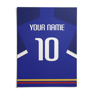 Football Shirt Poster in Blue with White Sleeve Stripe, shown as an unframed paper print on a plain white background