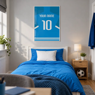 Football Shirt Poster in Bright Blue with White Number, framed on the wall of a modern football-loving teenager's bedroom (13-17) in a UK family home