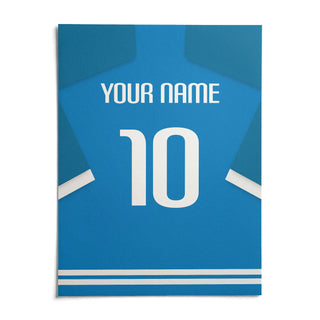 Football Shirt Poster in Bright Blue with White Number, shown as an unframed paper print on a plain white background