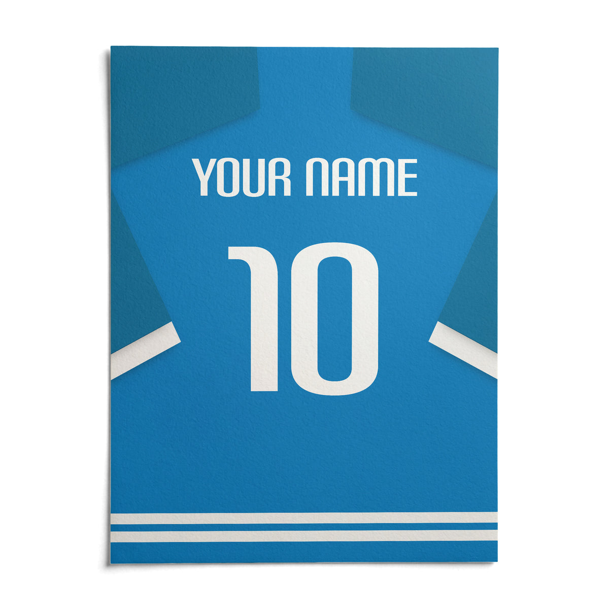 Football Shirt Poster in Bright Blue with White Number, shown as an unframed paper print on a plain white background