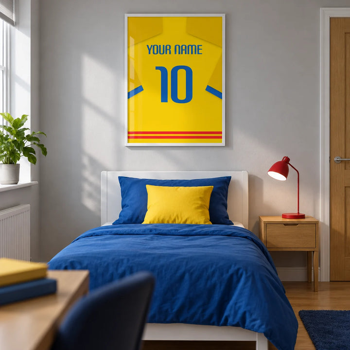 Football Shirt Poster in Bright Yellow with Blue Number, framed on the wall of a modern football fan's single bedroom for a teenager (13-17) in a UK family home