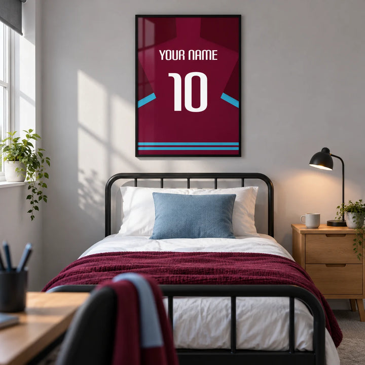 Football Shirt Poster in Claret with Light Blue Sleeve Trim, framed on the wall of a modern football-loving teenager's single bedroom (13-17) in a UK family home with a pale grey wall