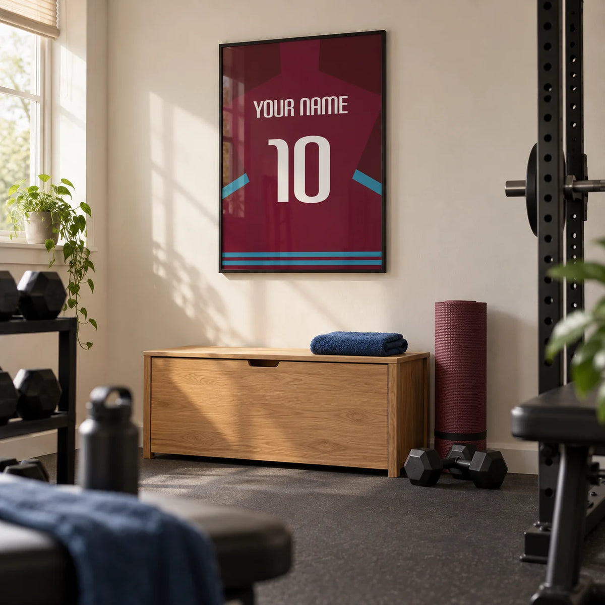 Football Shirt Poster in Claret with Light Blue Sleeve Trim, framed on the wall of a small home gym in a converted UK spare room with warm white walls and plain charcoal rubber flooring