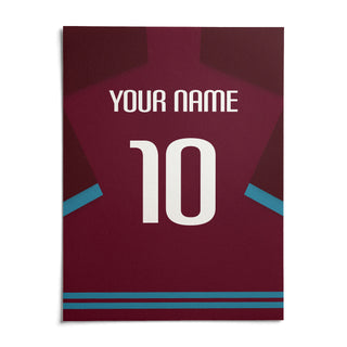 Football Shirt Poster in Claret with Light Blue Sleeve Trim, shown as an unframed paper print on a plain white background