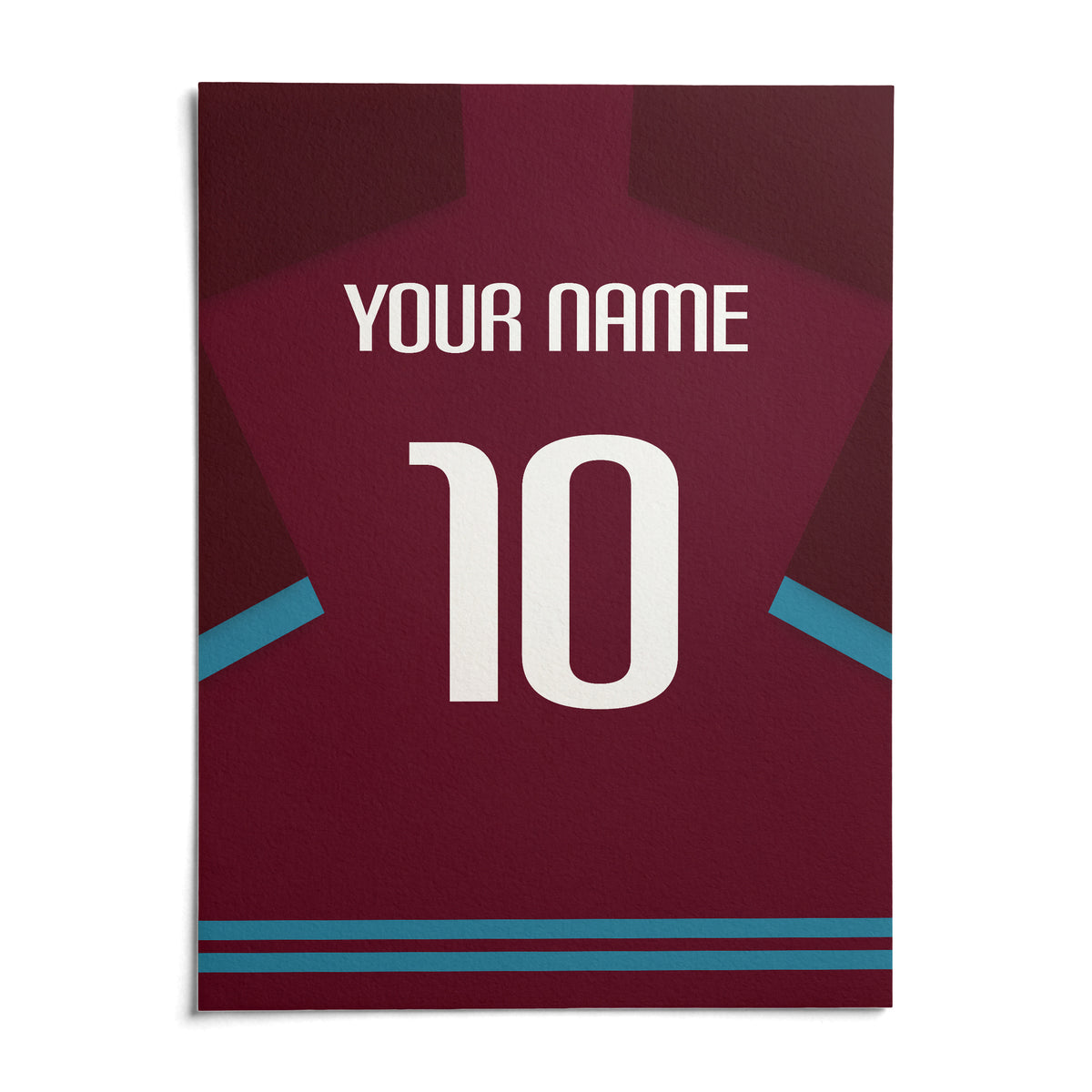 Football Shirt Poster in Claret with Light Blue Sleeve Trim, shown as an unframed paper print on a plain white background