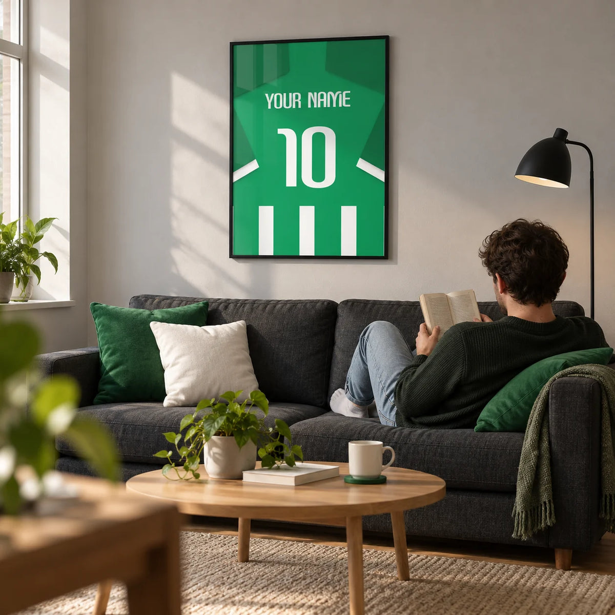 Football Shirt Poster in Green and White Stripes, framed on the wall of a modern living room in a football fan's first flat (22-28)