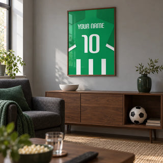 Football Shirt Poster in Green and White Stripes, framed on the wall of a small football-watching snug in a UK semi-detached house in a living room