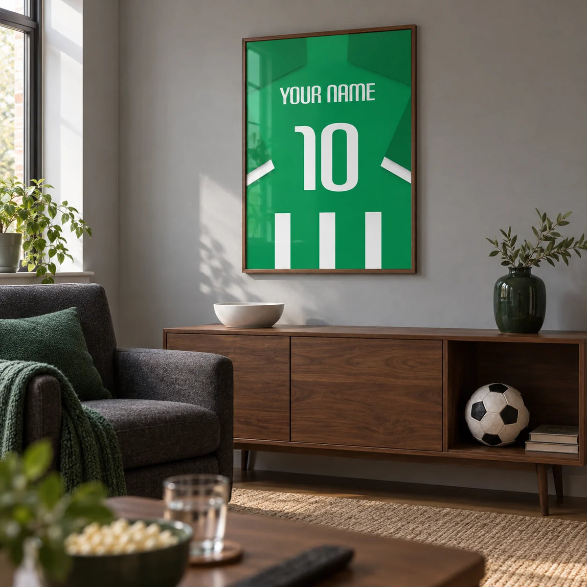 Football Shirt Poster in Green and White Stripes, framed on the wall of a small football-watching snug in a UK semi-detached house in a living room
