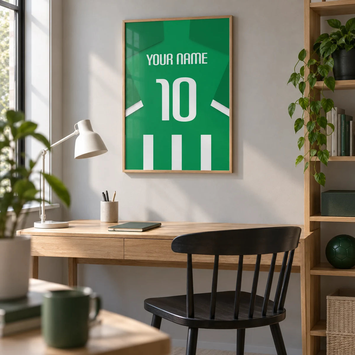 Football Shirt Poster in Green and White Stripes, framed on the wall of a tidy home study for a young adult football fan (22-35)