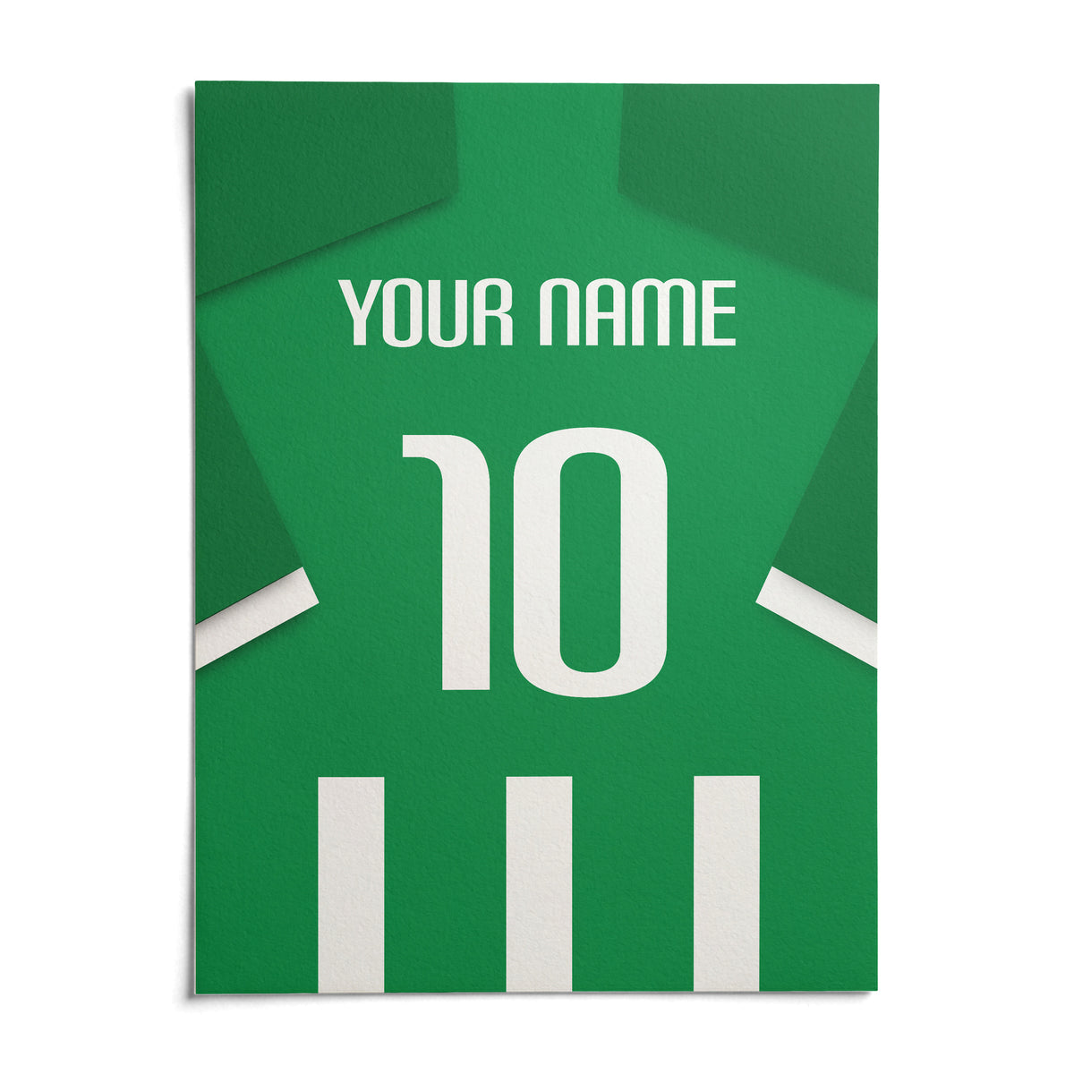 Football Shirt Poster in Green and White Stripes, shown as an unframed paper print on a plain white background