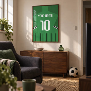 Football Shirt Poster in Green with Black and White Sleeve Stripes, framed on the wall of a compact football-watching snug in a UK terraced house in a living room