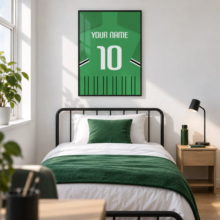 Football Shirt Poster in Green with Black and White Sleeve Stripes, framed on the wall of a modern football fan's single bedroom for a teenager (13-17) in a UK family home