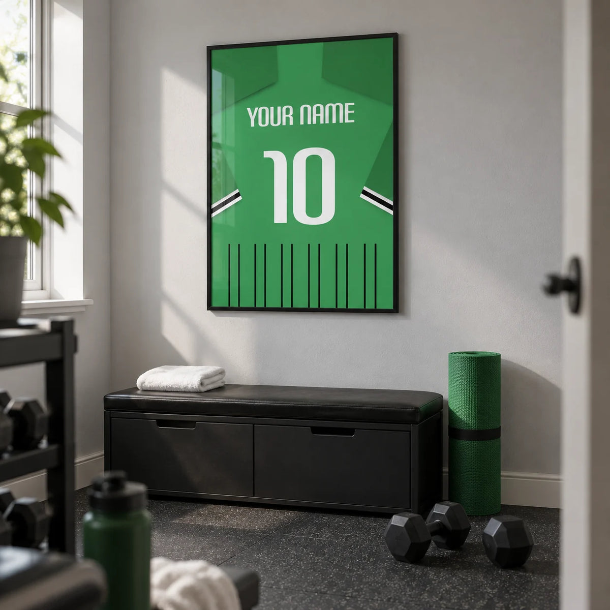 Football Shirt Poster in Green with Black and White Sleeve Stripes, framed on the wall of a modest home gym in a converted UK box room