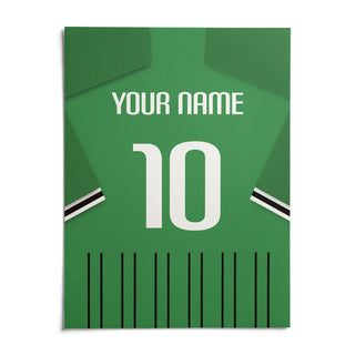 Football Shirt Poster in Green with Black and White Sleeve Stripes, shown as an unframed paper print on a plain white background