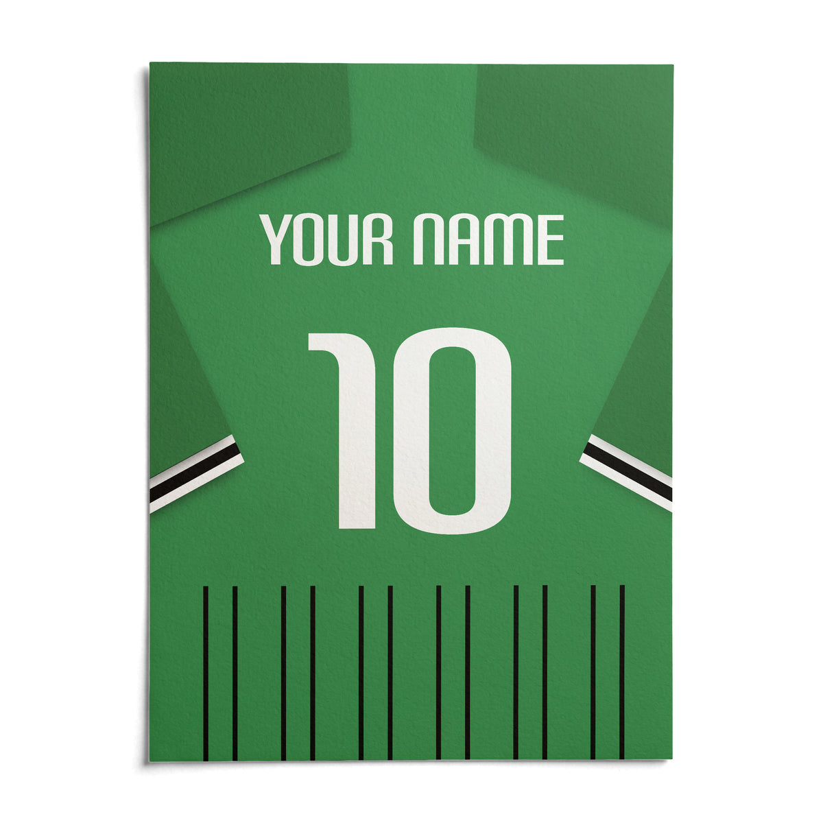 Football Shirt Poster in Green with Black and White Sleeve Stripes, shown as an unframed paper print on a plain white background
