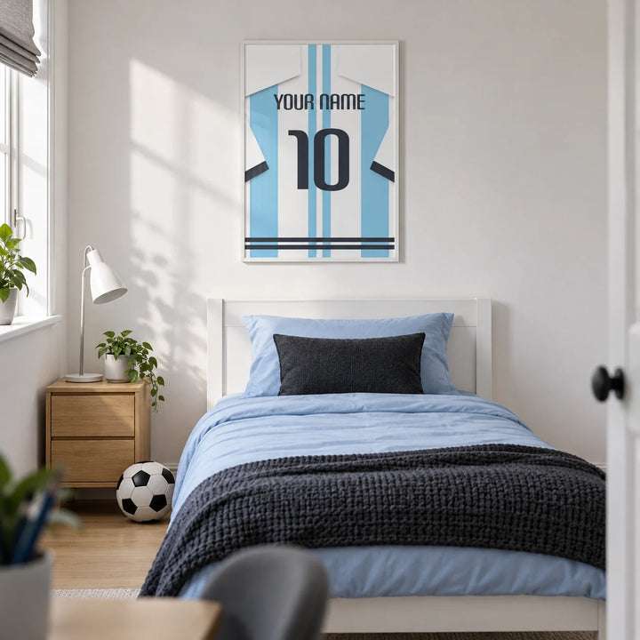 Football Shirt Poster in Light Blue and White Stripes, framed on the wall of a modern football-loving teenager's single bedroom (13-17) in a UK family home