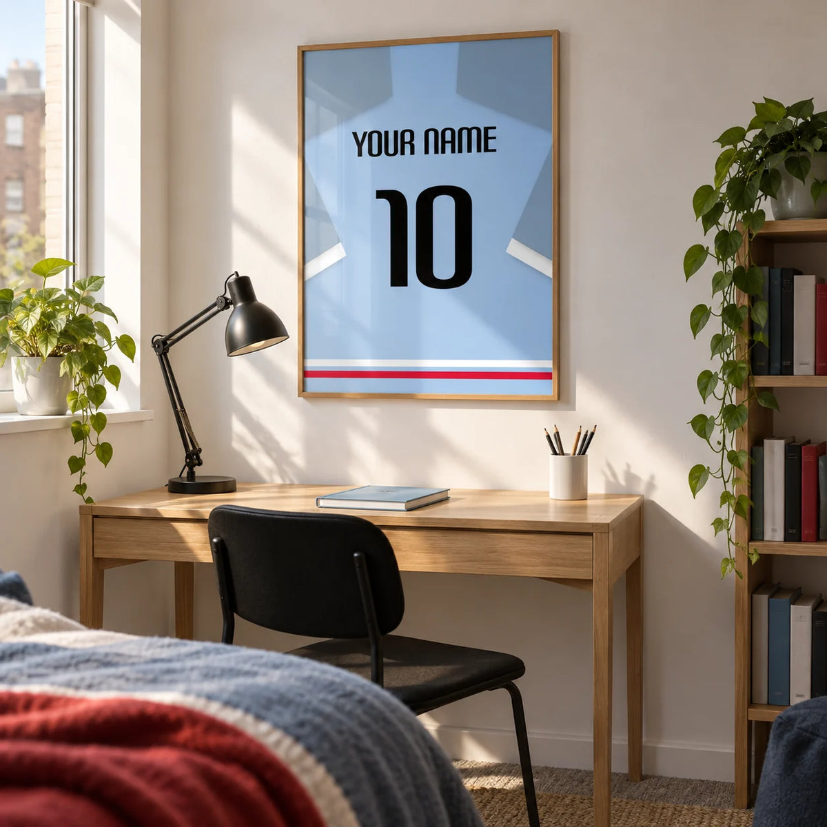 Football Shirt Poster in Light Blue with Black Number, framed on the wall of a bright study corner in a football fan's UK university room (18-21) with a white wall
