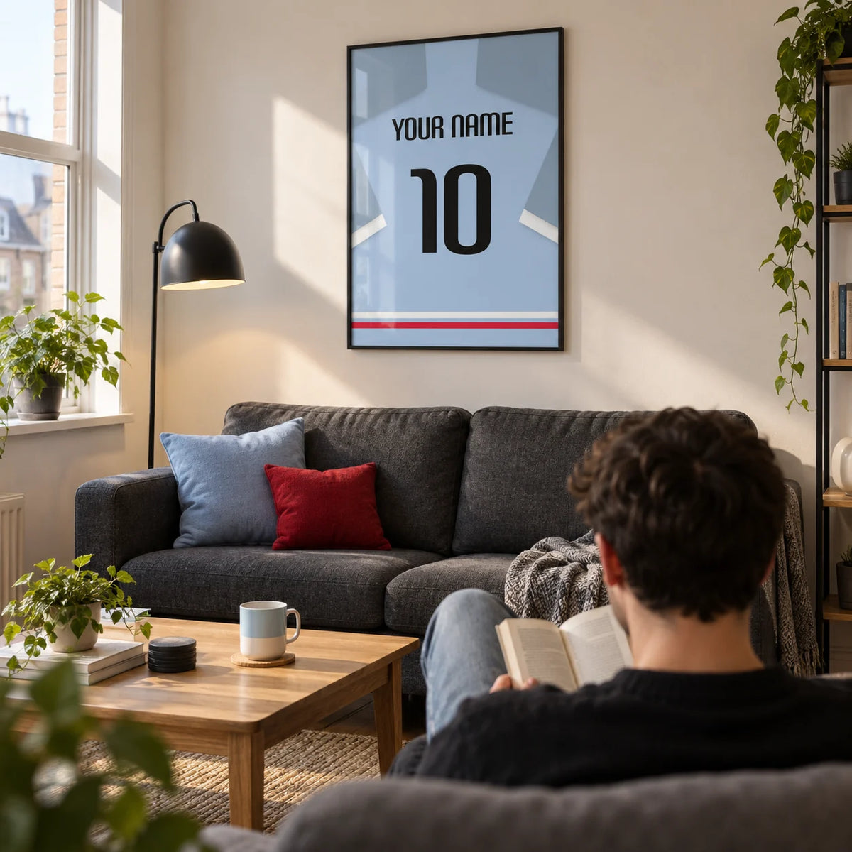 Football Shirt Poster in Light Blue with Black Number, framed on the wall of a compact modern living room in a football fan's first UK flat (22-28) with a warm white wall