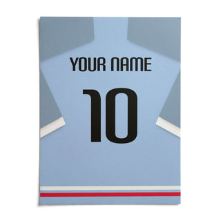 Football Shirt Poster in Light Blue with Black Number, shown as an unframed paper print on a plain white background