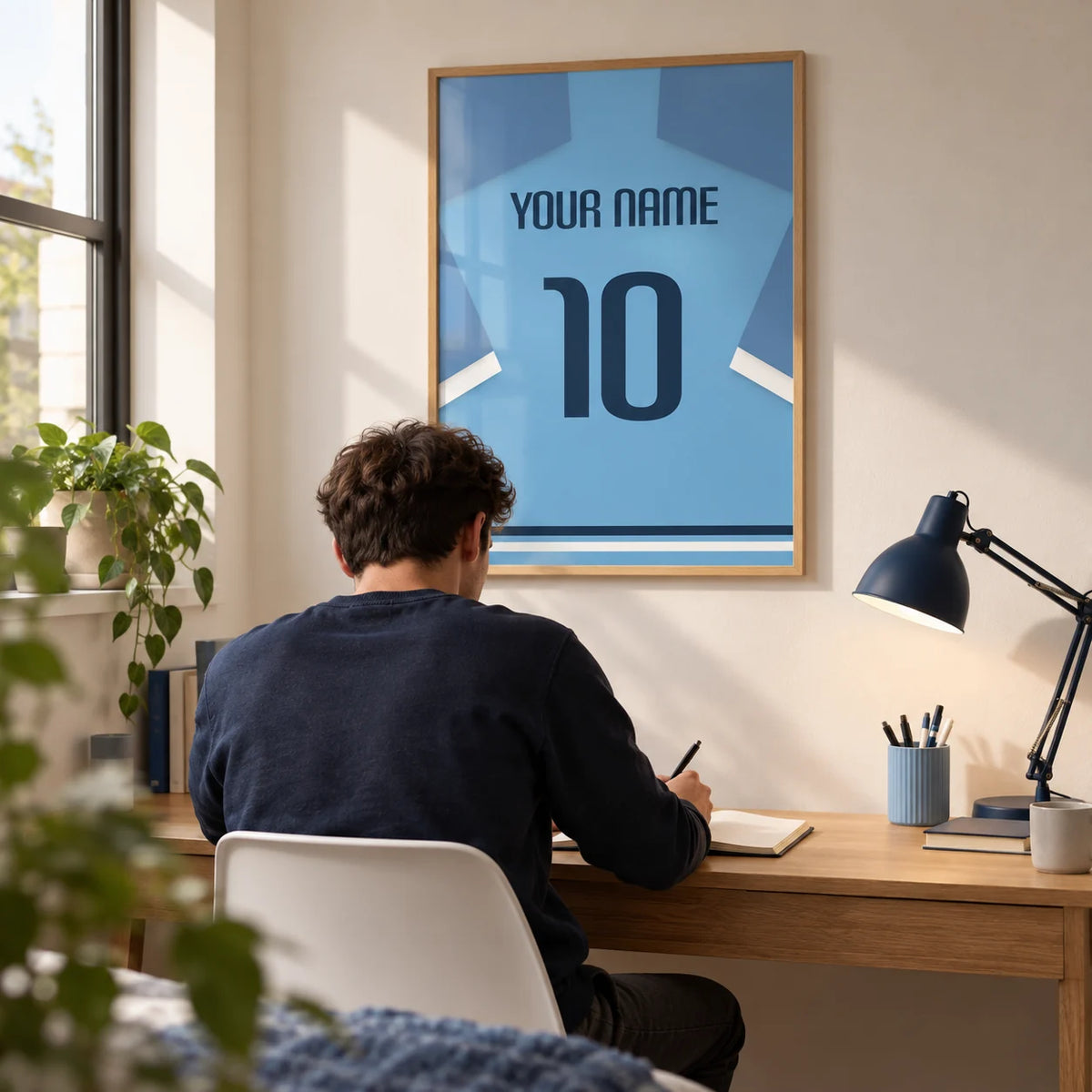 Football Shirt Poster in Light Blue with Dark Blue Number, framed on the wall of a compact home study in a young football fan's first flat (22-28) with a warm white wall