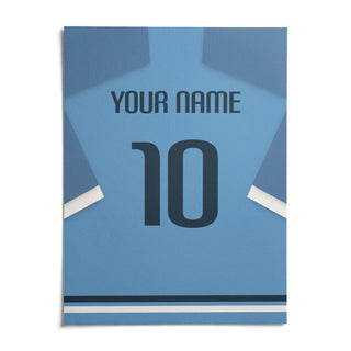 Football Shirt Poster in Light Blue with Dark Blue Number, shown as an unframed paper print on a plain white background