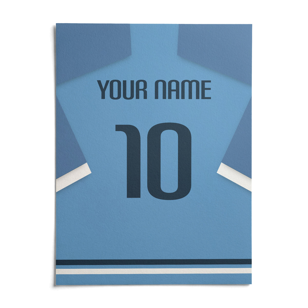 Football Shirt Poster in Light Blue with Dark Blue Number, shown as an unframed paper print on a plain white background