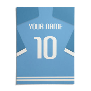 Football Shirt Poster in Light Blue with White Number, shown as an unframed paper print on a plain white background