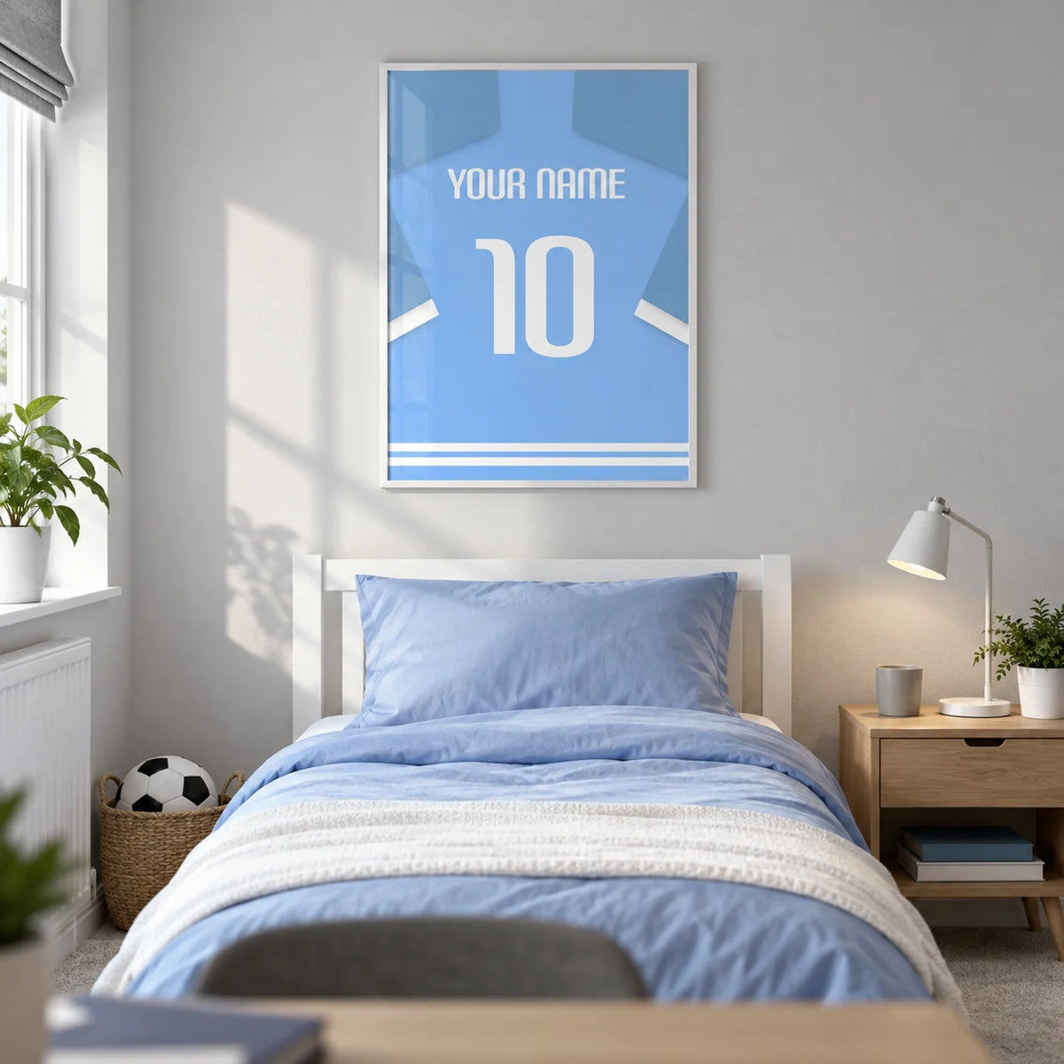 Football Shirt Poster in Light Blue with White Sleeve Stripes, framed on the wall of a modern football-loving teenager's single bedroom (13-17) in a UK family home with a pale grey wall