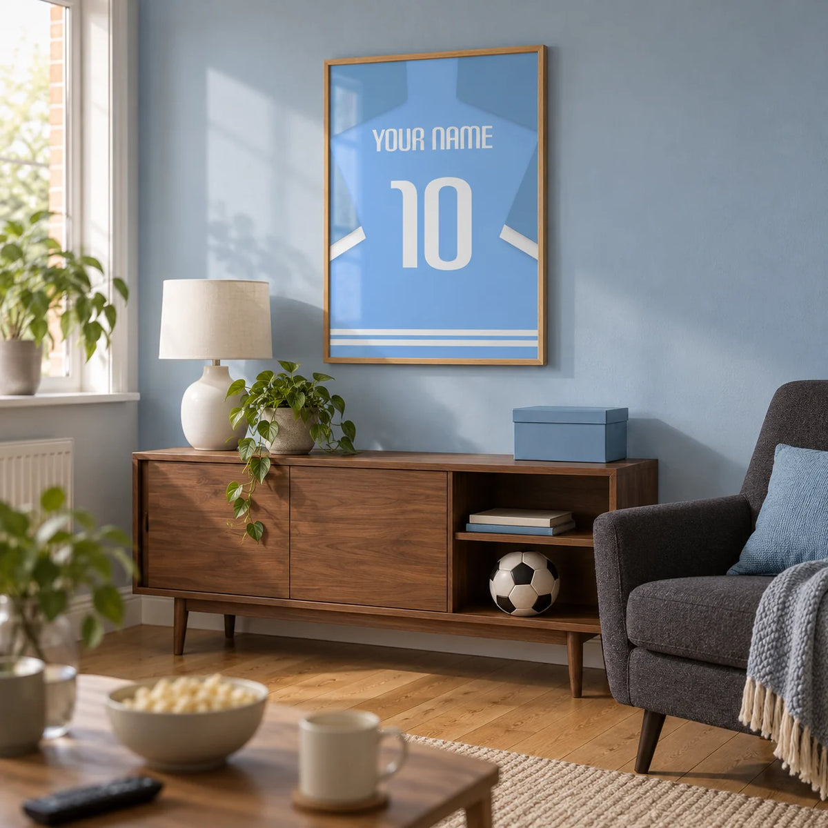 Football Shirt Poster in Light Blue with White Sleeve Stripes, framed on the wall of a small football-watching snug in a UK semi-detached house with a pale blue wall and warm oak flooring in a living room