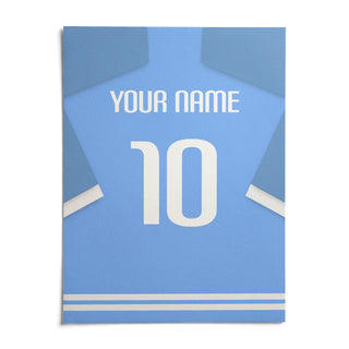 Football Shirt Poster in Light Blue with White Sleeve Stripes, shown as an unframed paper print on a plain white background