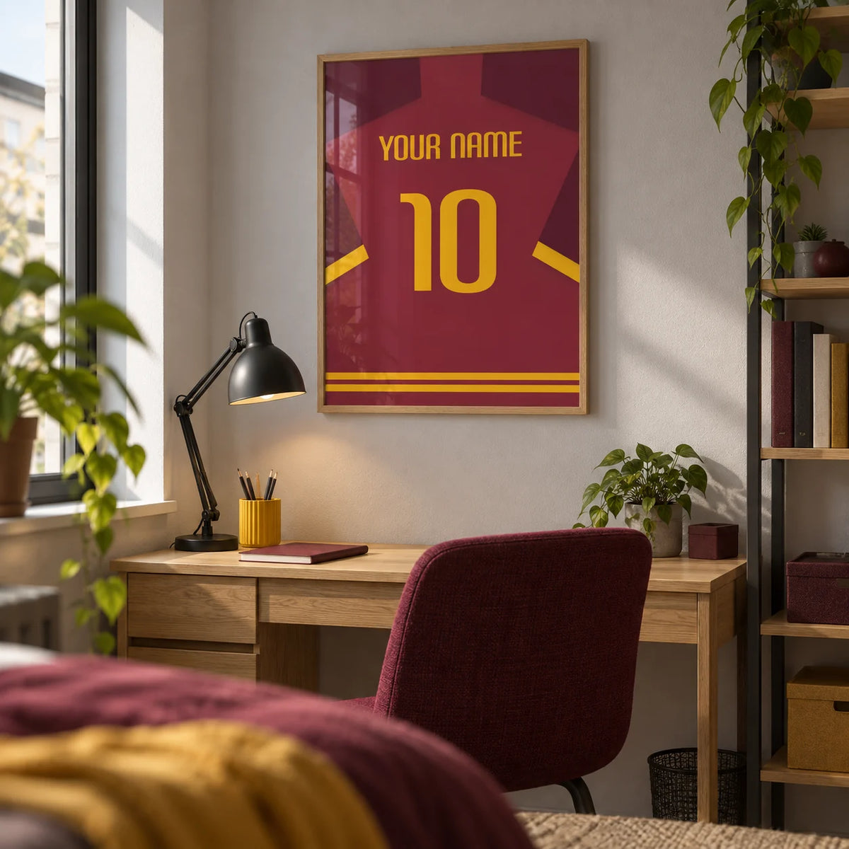 Football Shirt Poster in Maroon with Yellow Number, framed on the wall of a compact university study corner for a football fan (18-21) with a pale grey wall