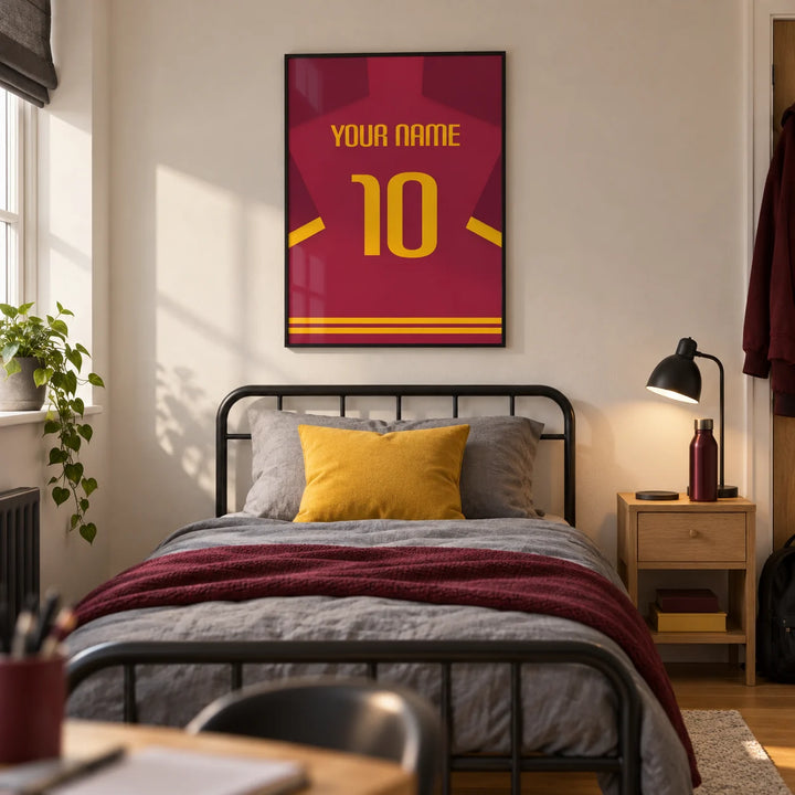 Football Shirt Poster in Maroon with Yellow Number, framed on the wall of a modern teenage football fan's single bedroom (13-17) in a UK family home with a warm white wall and oak floor