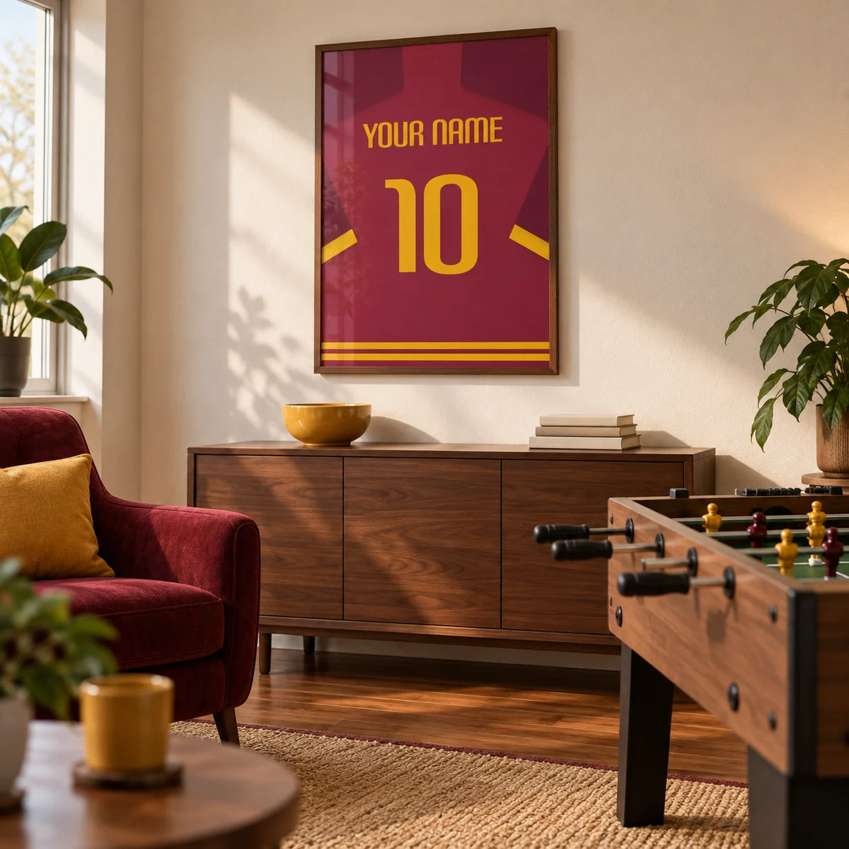 Football Shirt Poster in Maroon with Yellow Number, framed on the wall of a tidy football fan's games den in a UK house with a warm off-white wall and walnut flooring in a living room