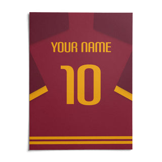 Football Shirt Poster in Maroon with Yellow Number, shown as an unframed paper print on a plain white background