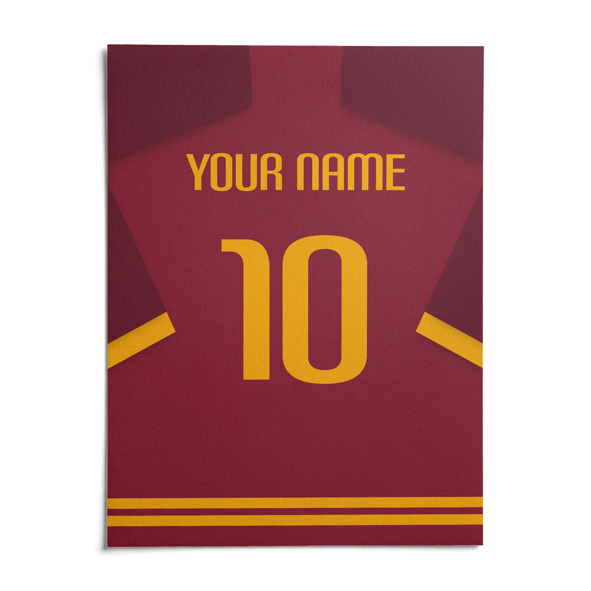 Football Shirt Poster in Maroon with Yellow Number, shown as an unframed paper print on a plain white background
