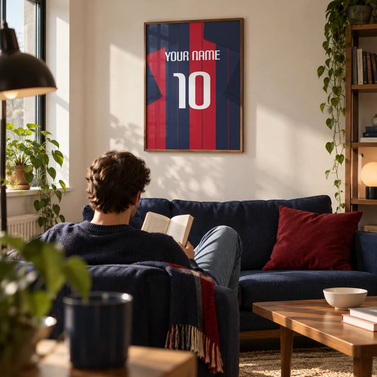 Football Shirt Poster in Navy and Red Stripes, framed on the wall of a compact modern living room in a football fan's first UK flat (22-28)