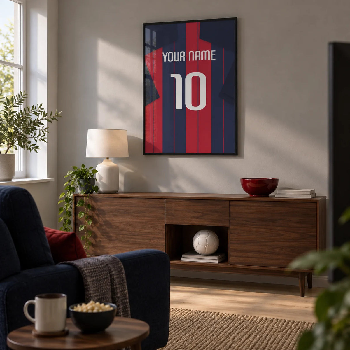 Football Shirt Poster in Navy and Red Stripes, framed on the wall of a modern football-watching snug in a UK semi-detached home with a soft grey wall and pale oak flooring in a living room