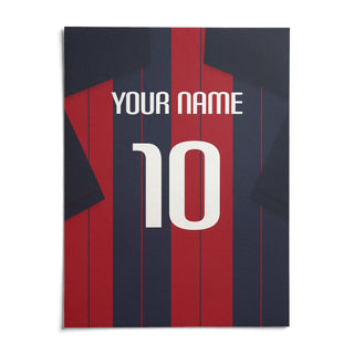 Football Shirt Poster in Navy and Red Stripes, shown as an unframed paper print on a plain white background