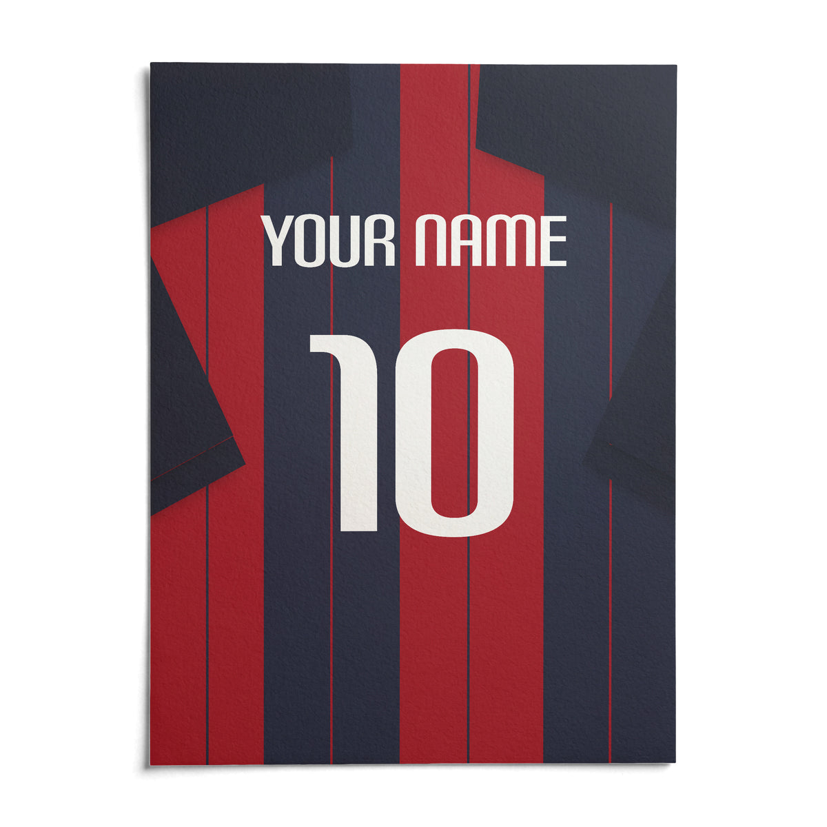 Football Shirt Poster in Navy and Red Stripes, shown as an unframed paper print on a plain white background