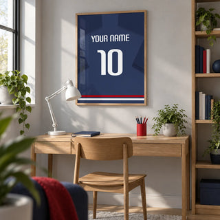 Football Shirt Poster in Navy Blue with White Number, framed on the wall of a bright home study for a young adult football fan (22-35)