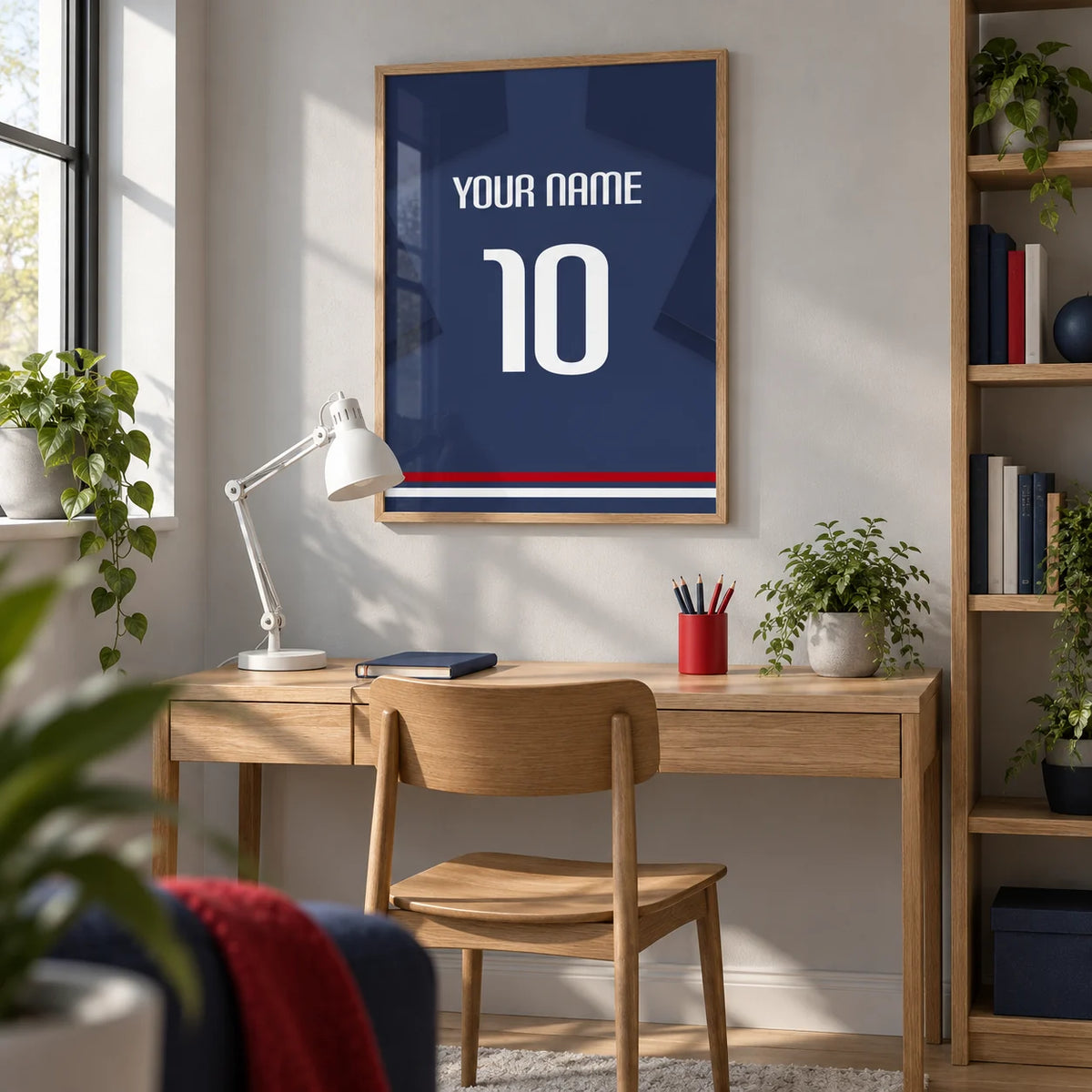 Football Shirt Poster in Navy Blue with White Number, framed on the wall of a bright home study for a young adult football fan (22-35)