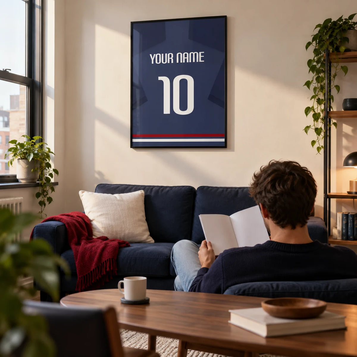 Football Shirt Poster in Navy Blue with White Number, framed on the wall of a compact modern living room in a football fan's first flat (22-28)