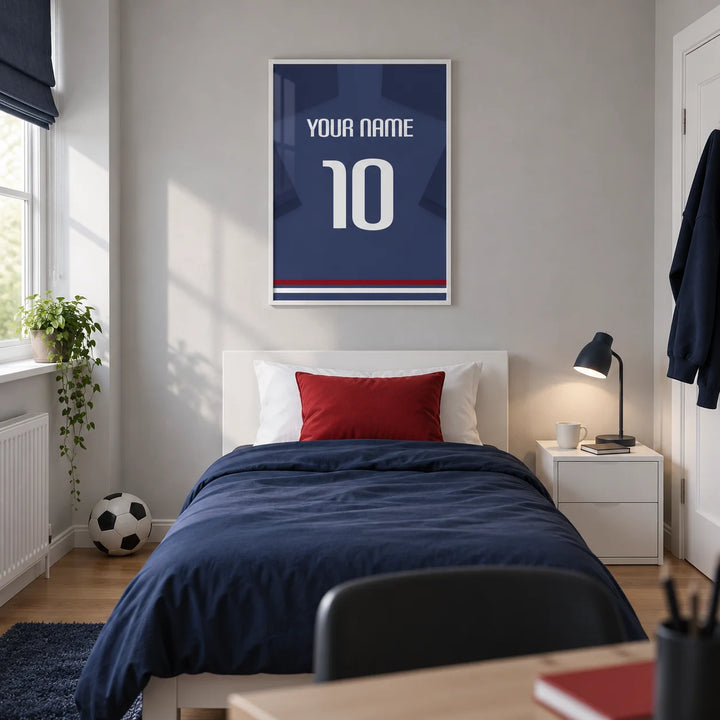 Football Shirt Poster in Navy Blue with White Number, framed on the wall of a modern football-loving teenager's single bedroom (13-17) in a UK family home