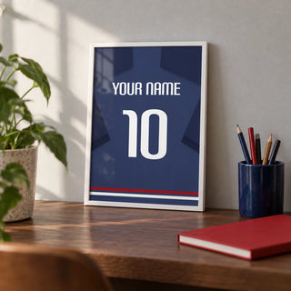Football Shirt Poster in Navy Blue with White Number, a small A4 framed print leaning on a walnut desk