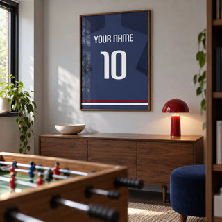 Football Shirt Poster in Navy Blue with White Number, framed on the wall of a small football-themed games snug in a UK family home in a living room
