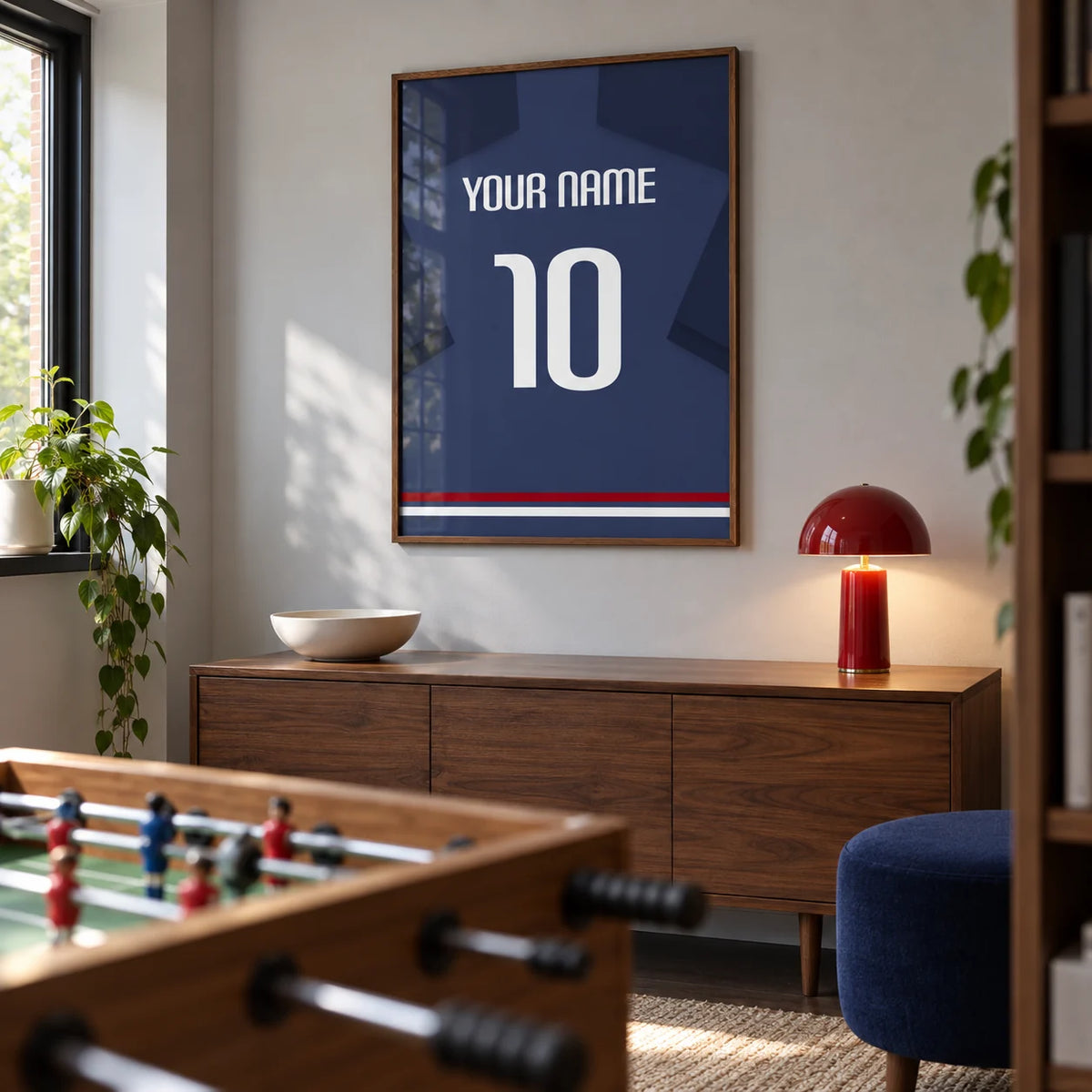 Football Shirt Poster in Navy Blue with White Number, framed on the wall of a small football-themed games snug in a UK family home in a living room